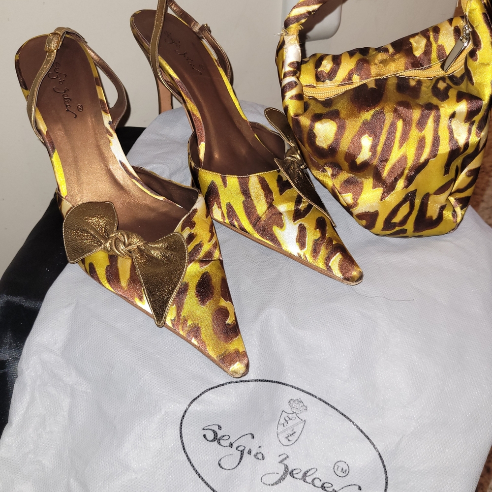 Sergio Zelcer Women's Gold and Yellow Leopard Print Heels and Purse.